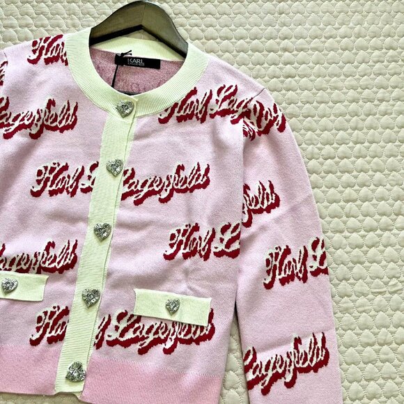 $399 NWT Karl Lagerfeld Women Pink Logo Cardigan Sweater Jacket Rhinestone Heart - Picture 6 of 14